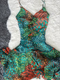 BCBGMAXAZRIA Iconic Green/Teal Peacock Asymmetrical Mermaid Silk Dress