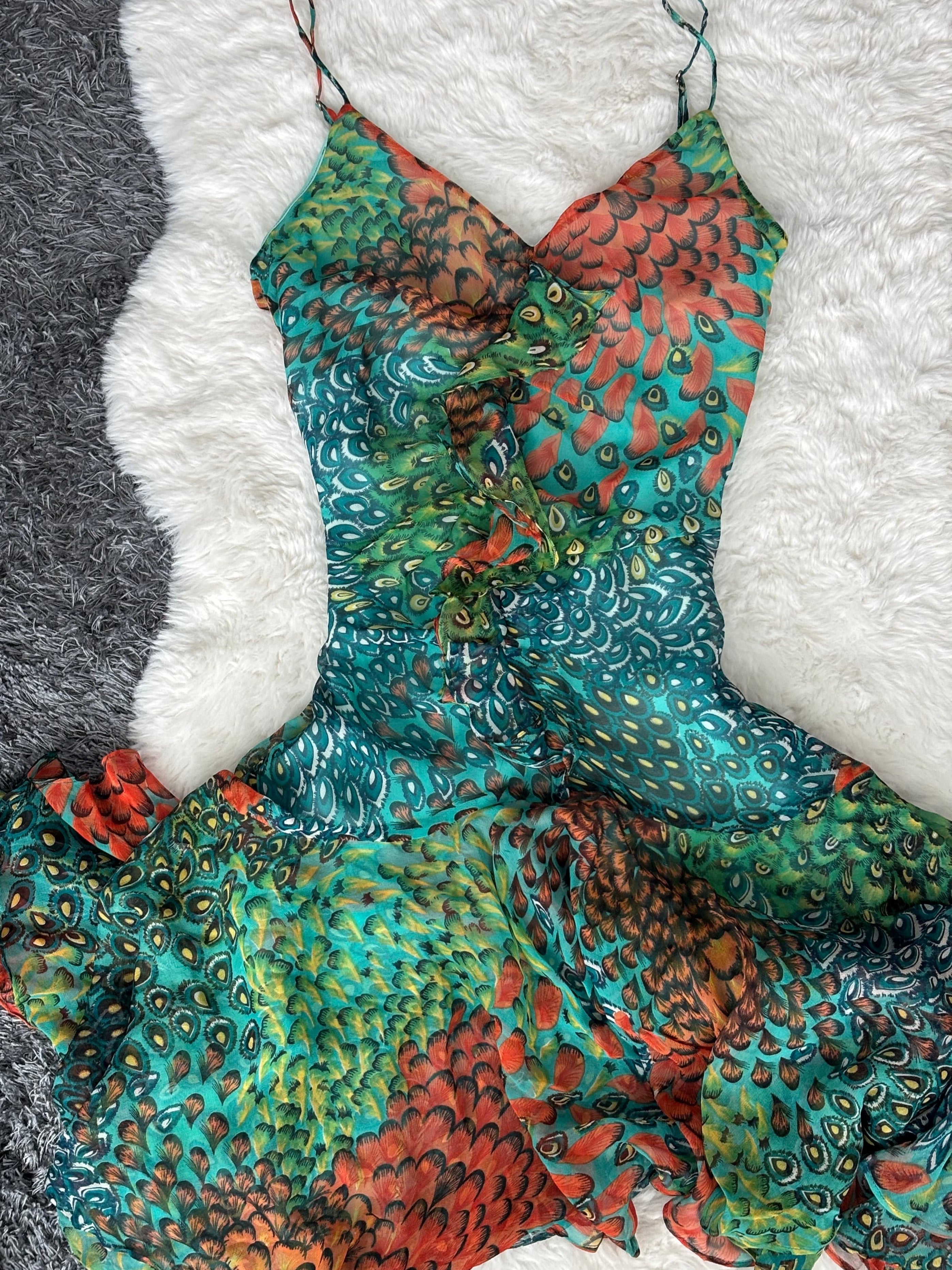 BCBGMAXAZRIA Iconic Green/Teal Peacock Asymmetrical Mermaid Silk Dress