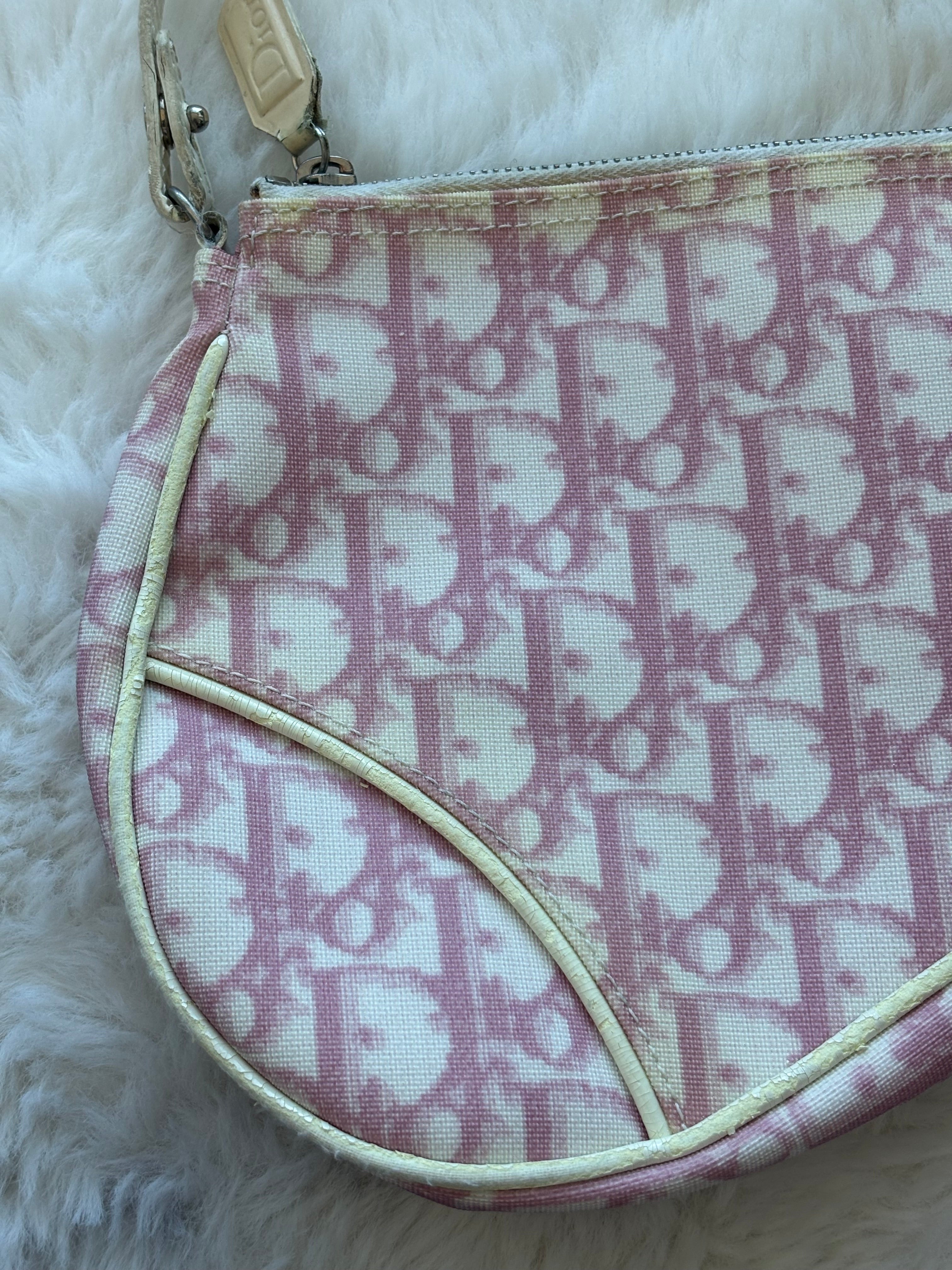 Vintage Christian Dior Classic Pink & White Monogram Saddle Pochette Bag