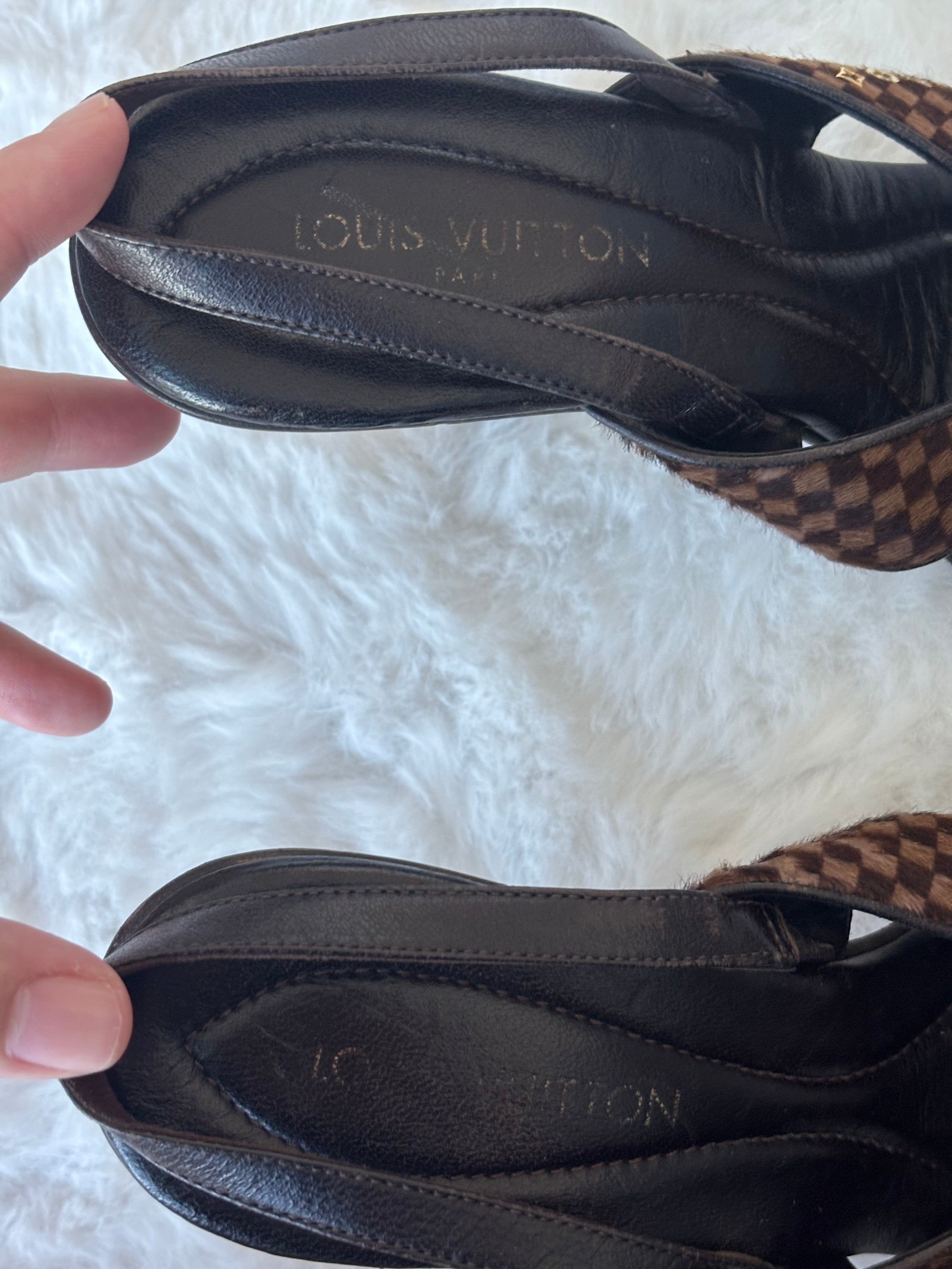 Louis Vuitton Damier Ebene Print Pony hair Slingback Sandals