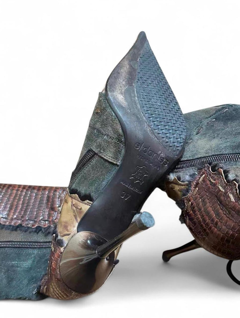 El Dante Extremely Rare Brown and Black Suede & Snake Skin Leather Patchwork Boots