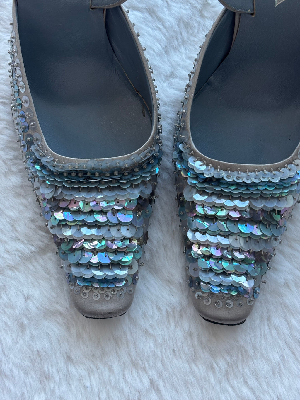 Prada 1999 FW Bluish Silver Ombre Sequin Slingback Heels in satin Size 36/37
