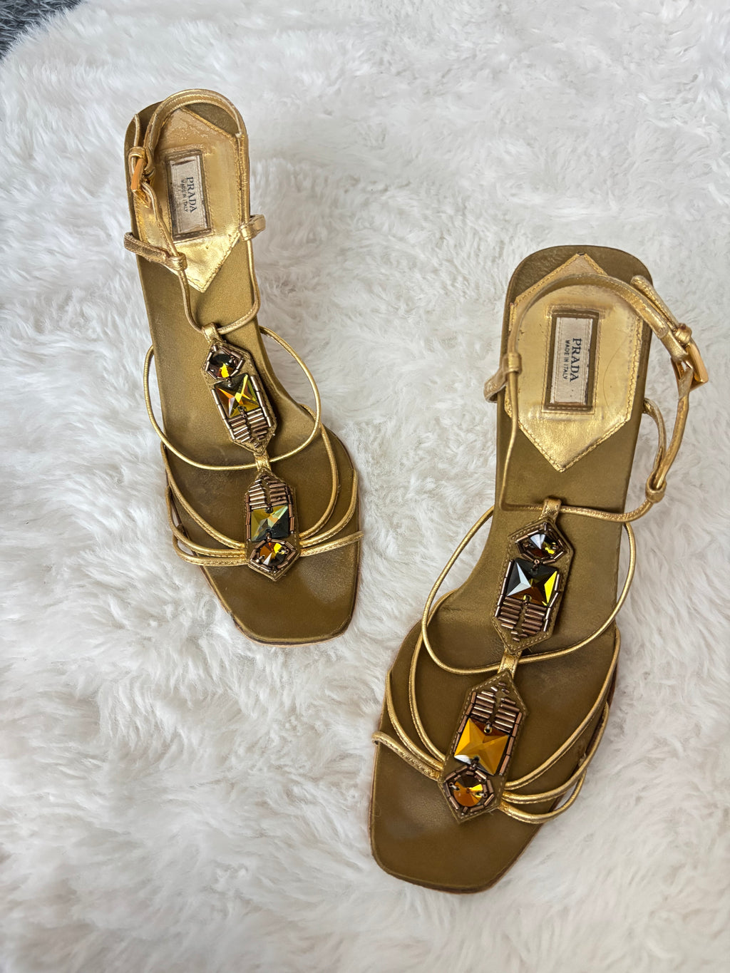 Rare Prada gold sandals with crystal embellishments