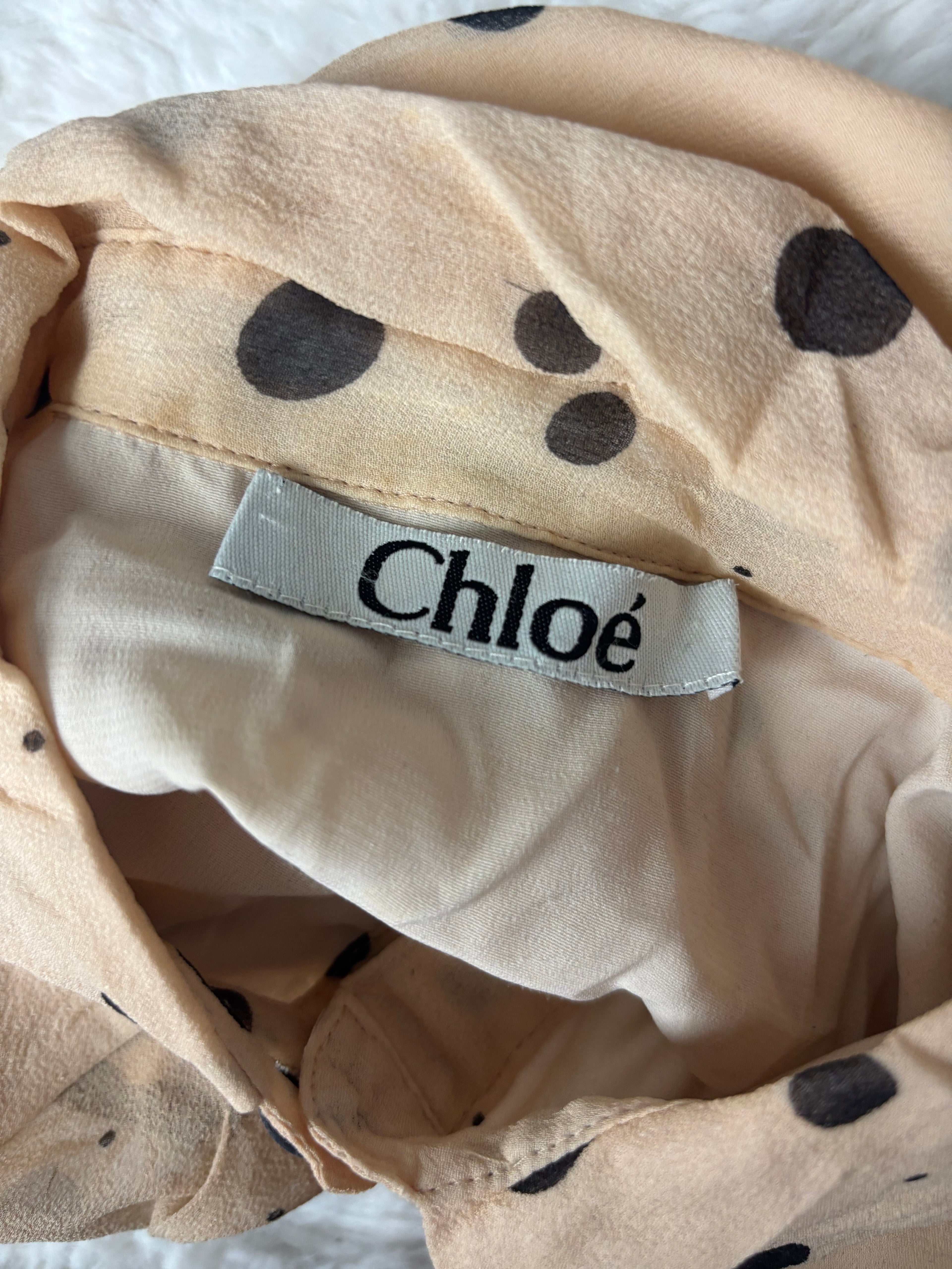 Vintage Chloé Beige Polka Dot Silk Dress with Corset Design