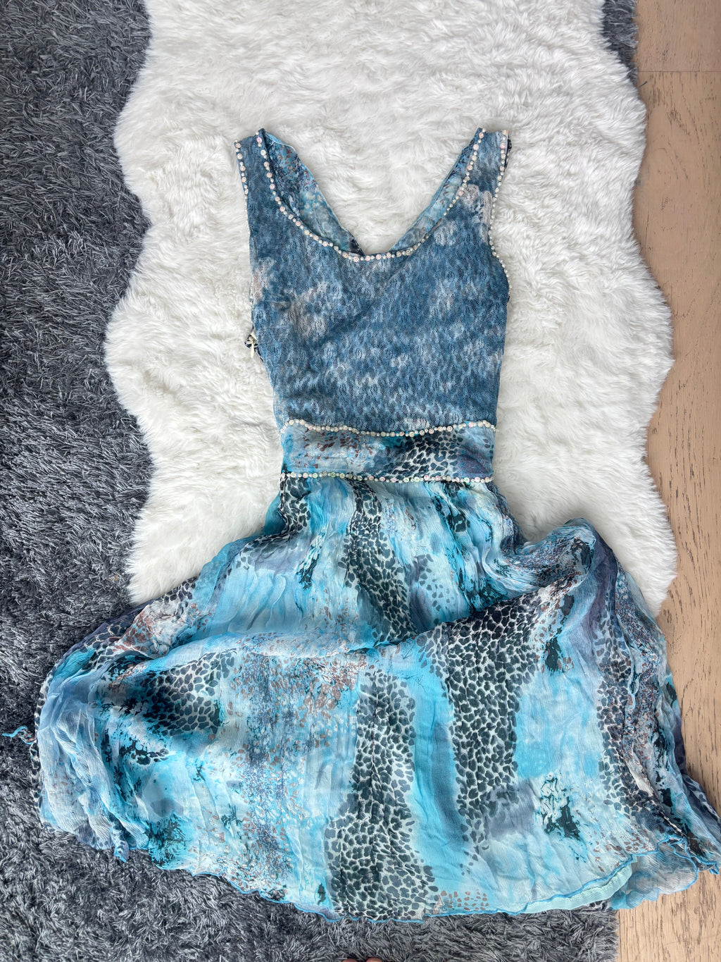 Vintage Handmade Blue and Black Leopard Print Ocean theme Silk Dress with crystal and beaded details