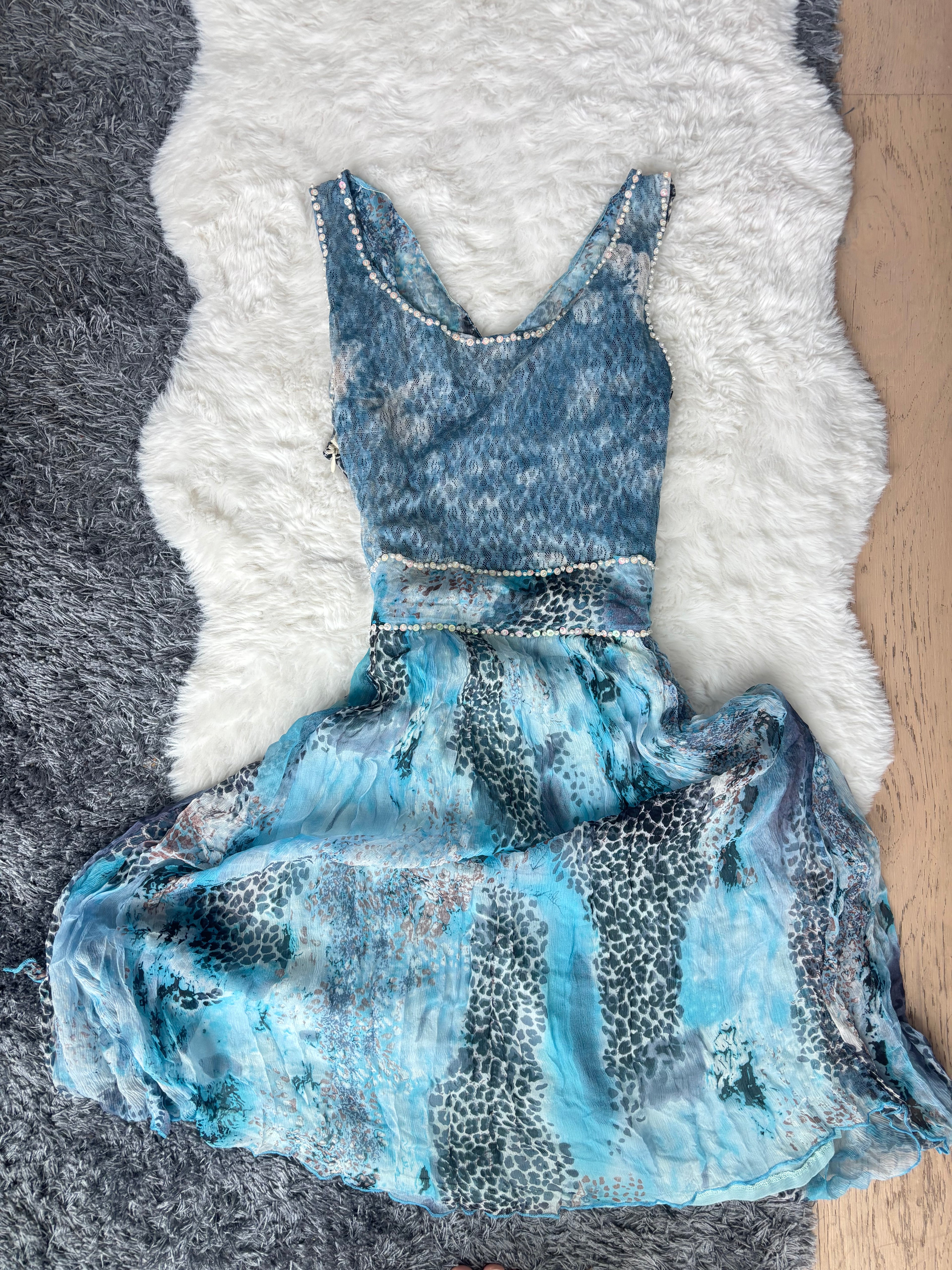 Vintage Handmade Blue and Black Leopard Print Ocean theme Silk Dress with crystal and beaded details