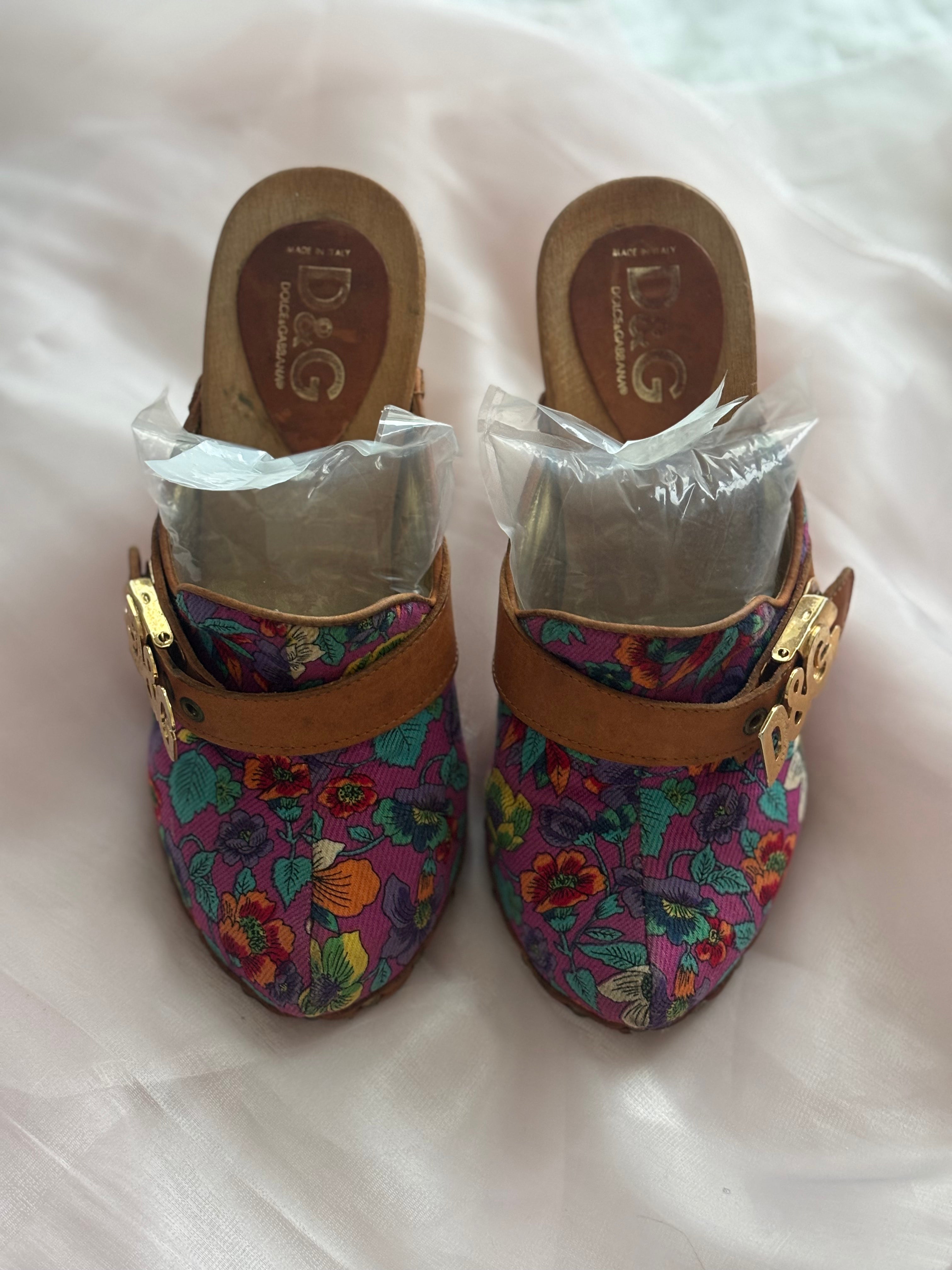 Vintage Dolce & Gabbana Floral Embroidered Wooden Platform Mules
