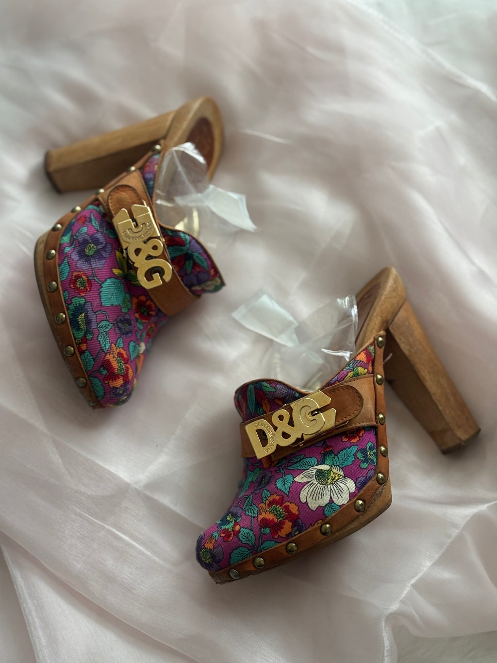 Vintage Dolce & Gabbana Floral Embroidered Wooden Platform Mules
