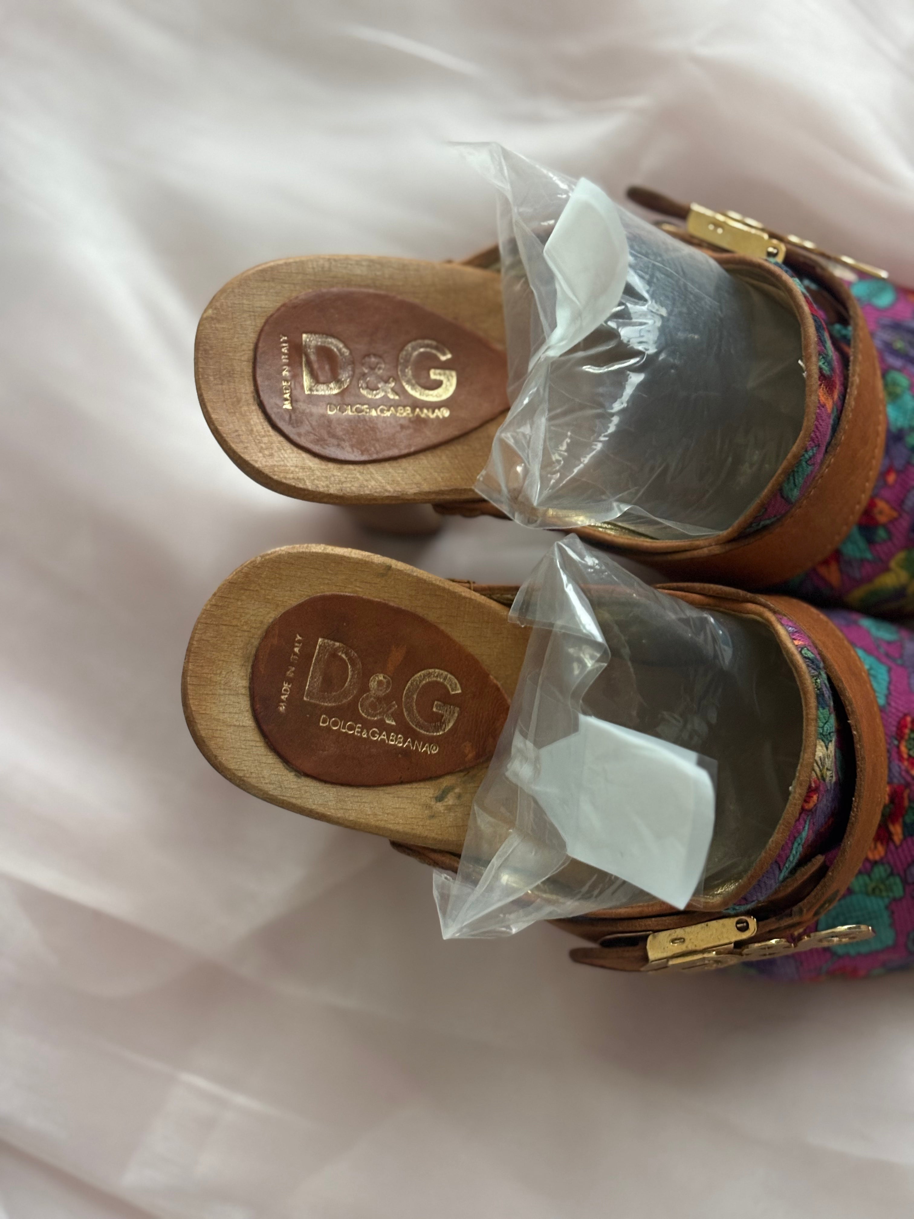 Vintage Dolce & Gabbana Floral Embroidered Wooden Platform Mules