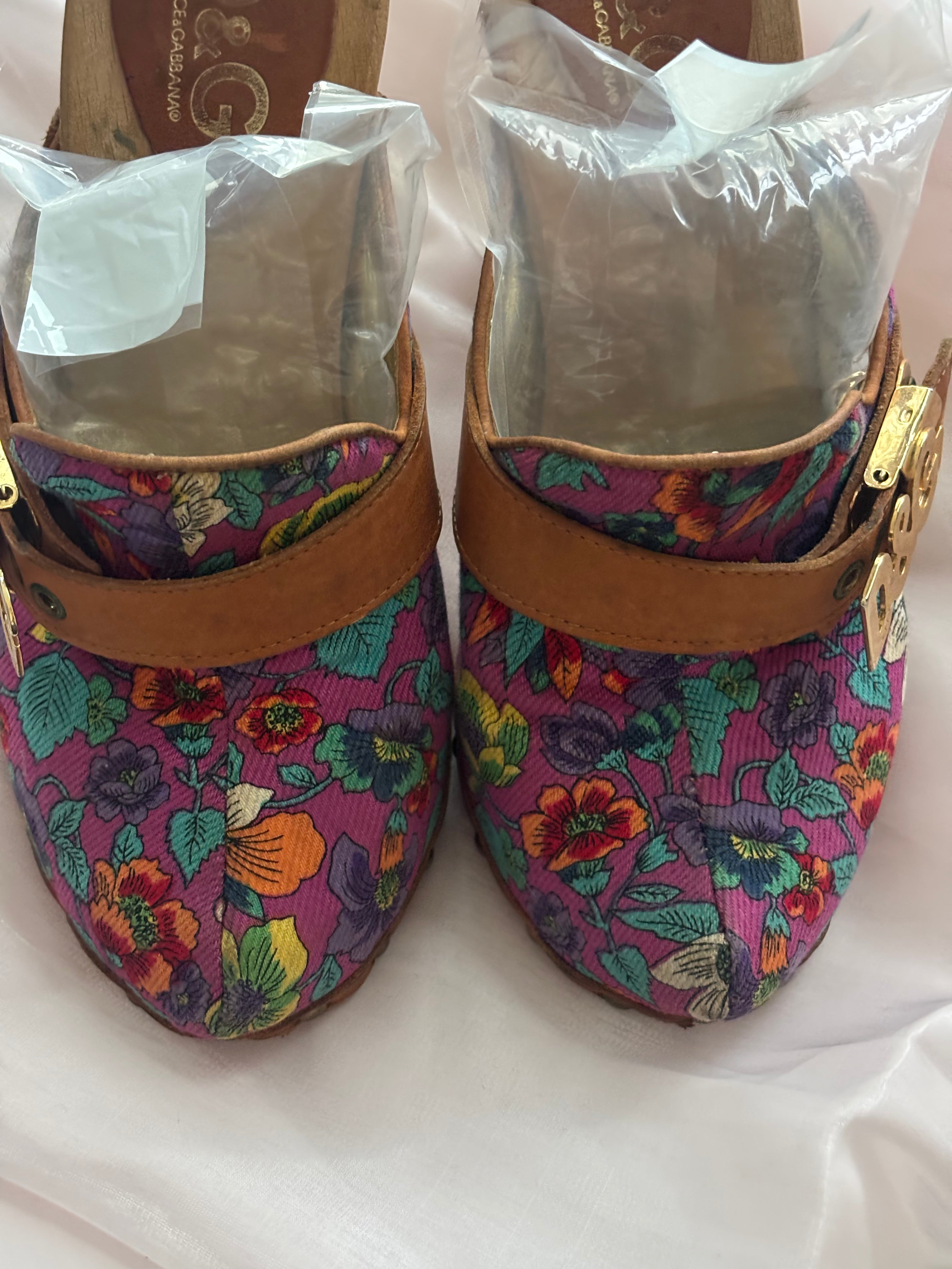 Vintage Dolce & Gabbana Floral Embroidered Wooden Platform Mules