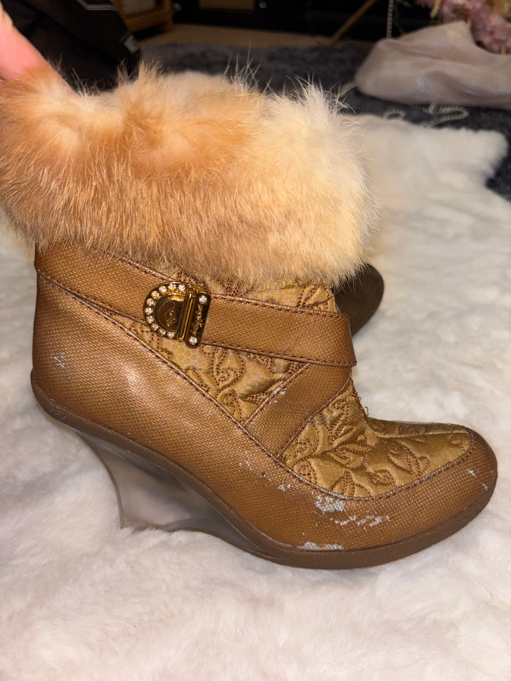 Vintage Baby Phat Faux Fur Ankle Boots in Tan/Brown colour