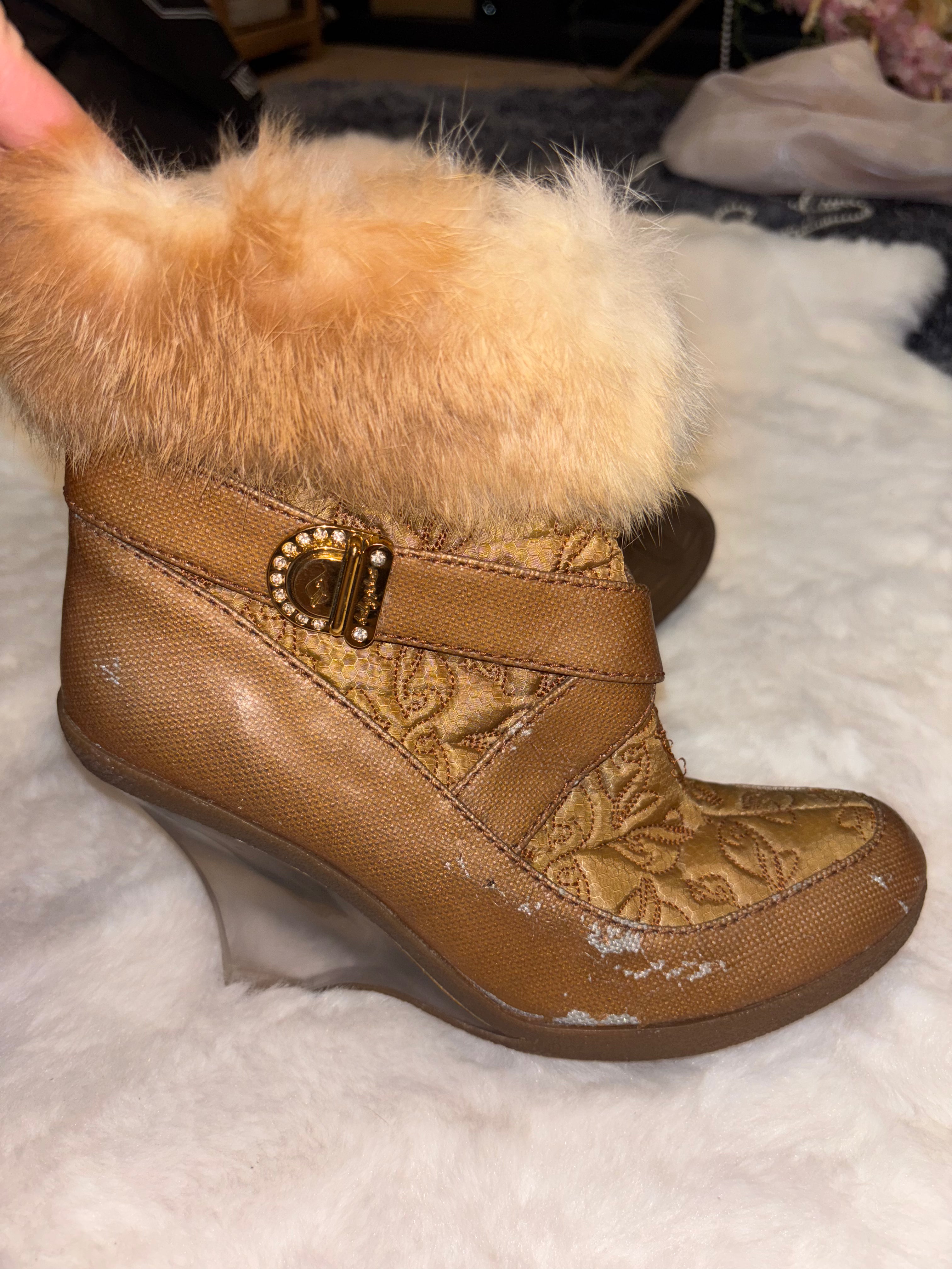 Vintage Baby Phat Faux Fur Ankle Boots in Tan/Brown colour