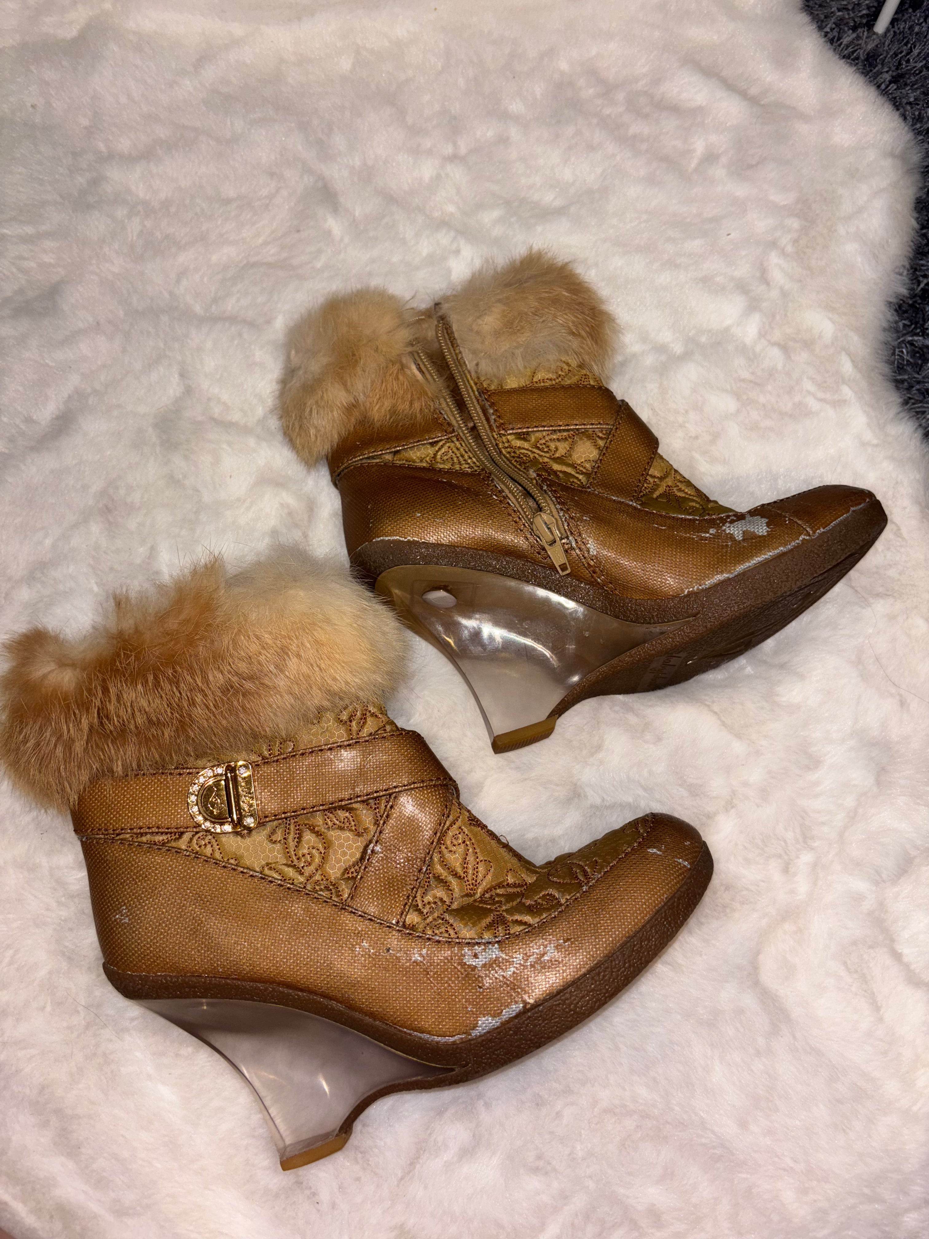 Vintage Baby Phat Faux Fur Ankle Boots in Tan/Brown colour