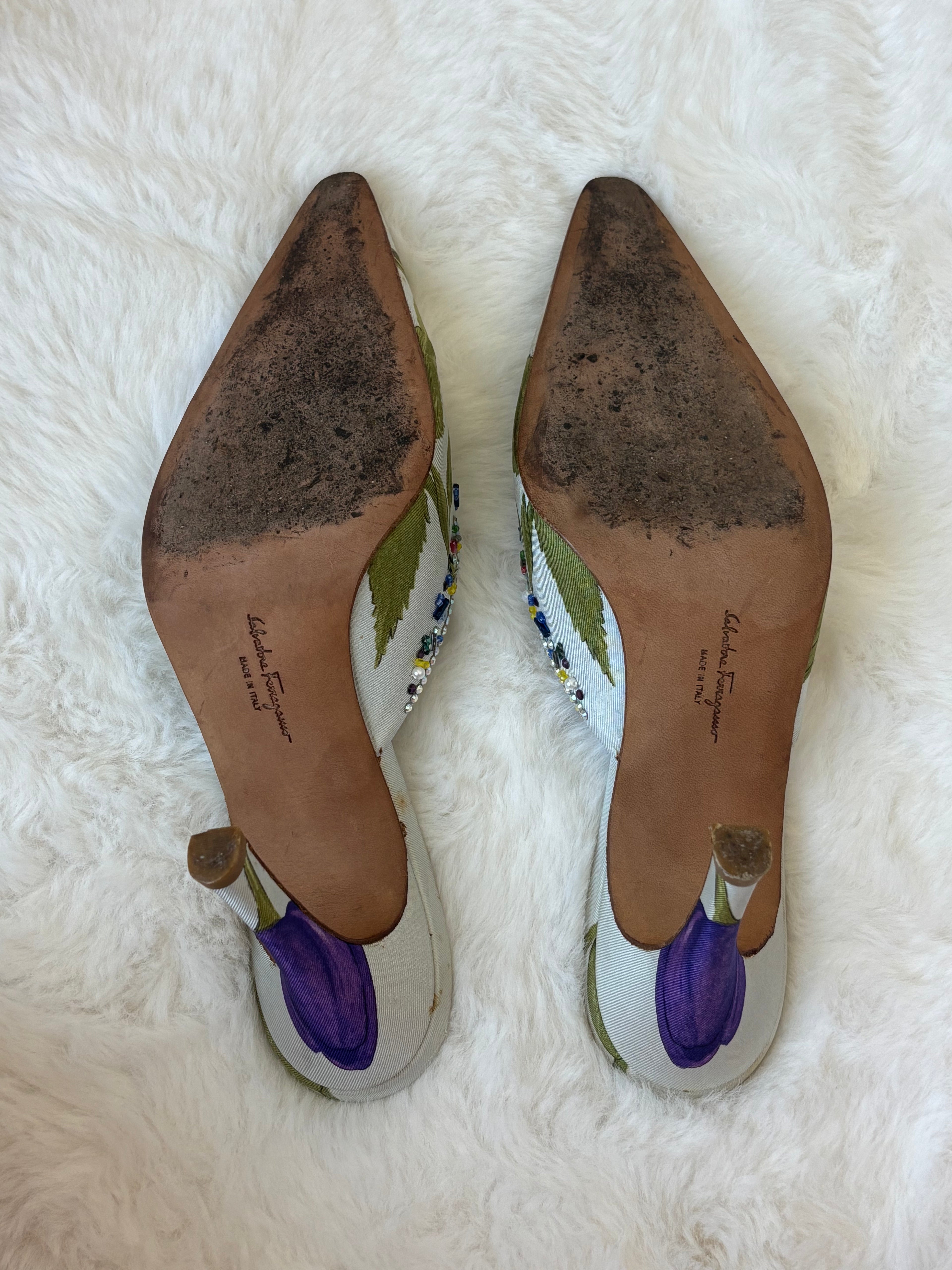 Vintage Salvatore Ferragamo Floral Beaded Mules