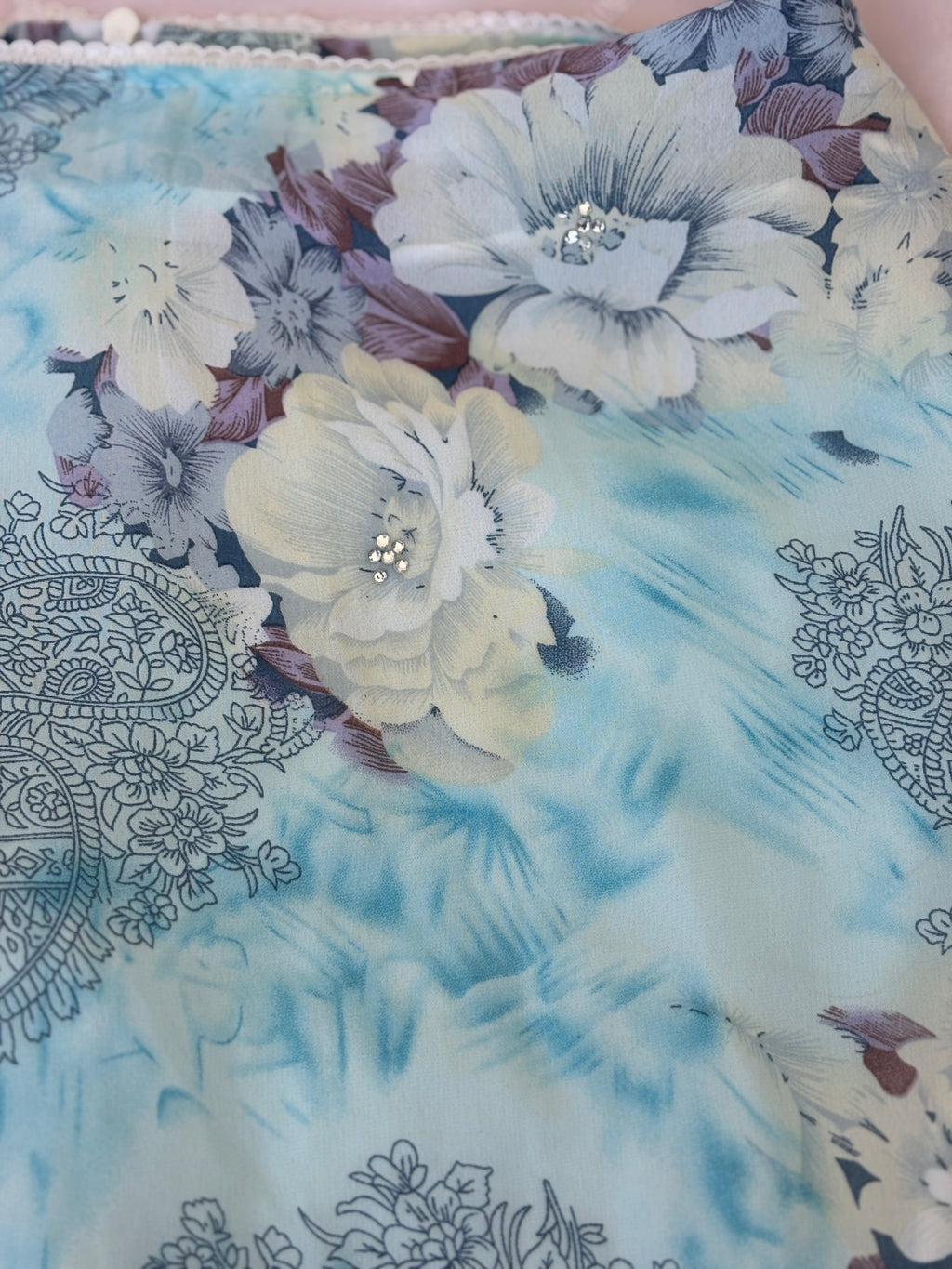 Vintage Baby Blue Floral Dress with beaded details