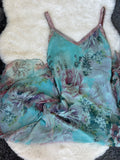 Vintage René Derhy Teal Watercolour Floral slip dress with beaded straps and lace-up back tie