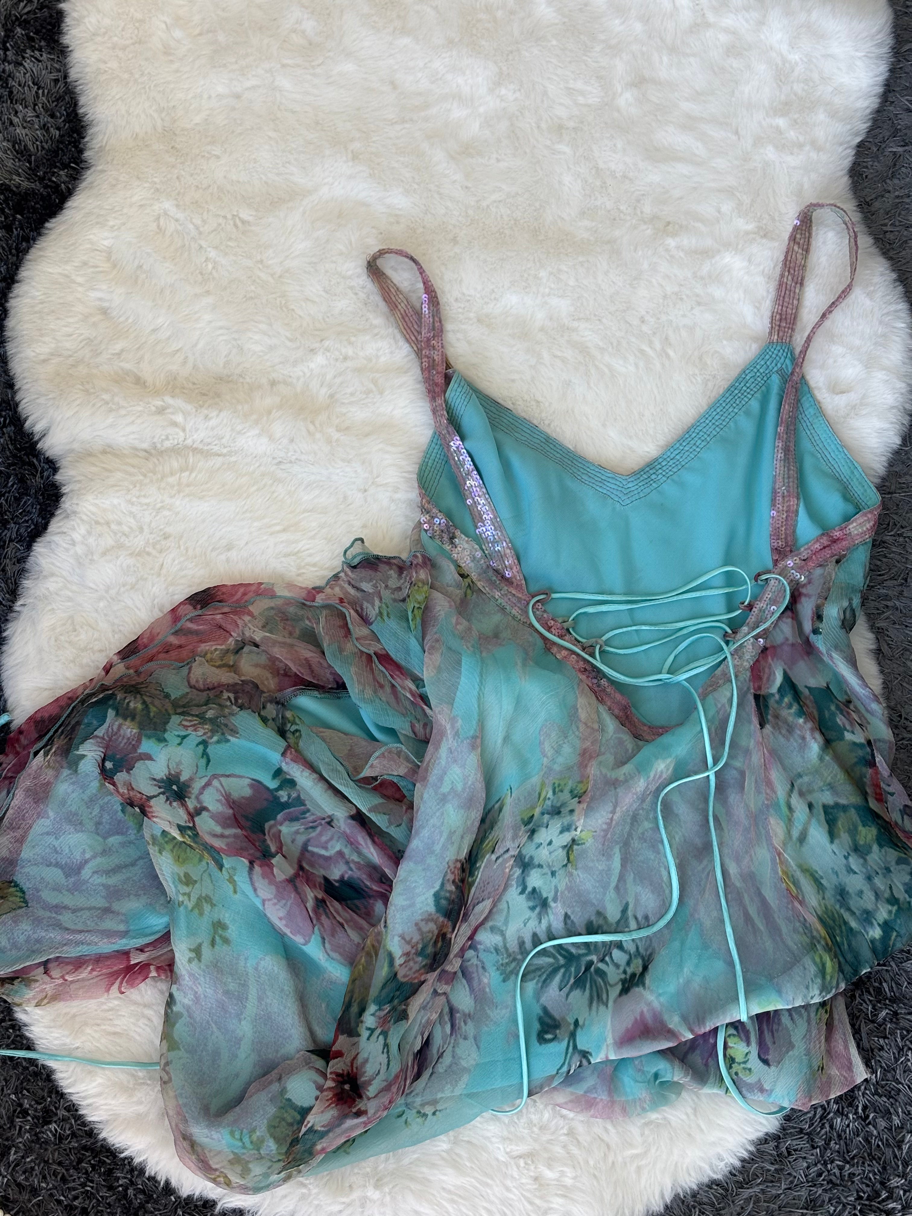 Vintage René Derhy Teal Watercolour Floral slip dress with beaded straps and lace-up back tie