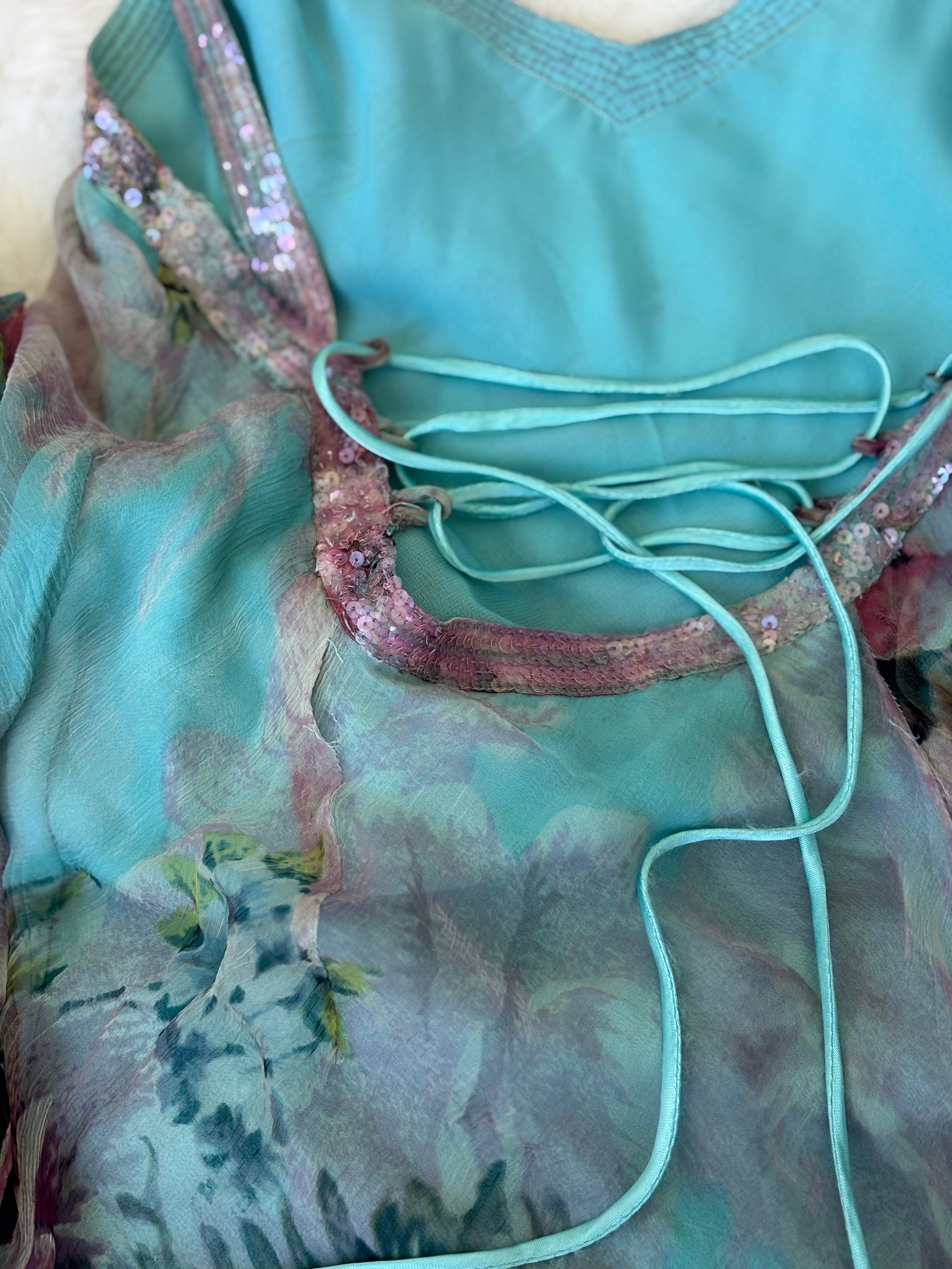 Vintage René Derhy Teal Watercolour Floral slip dress with beaded straps and lace-up back tie