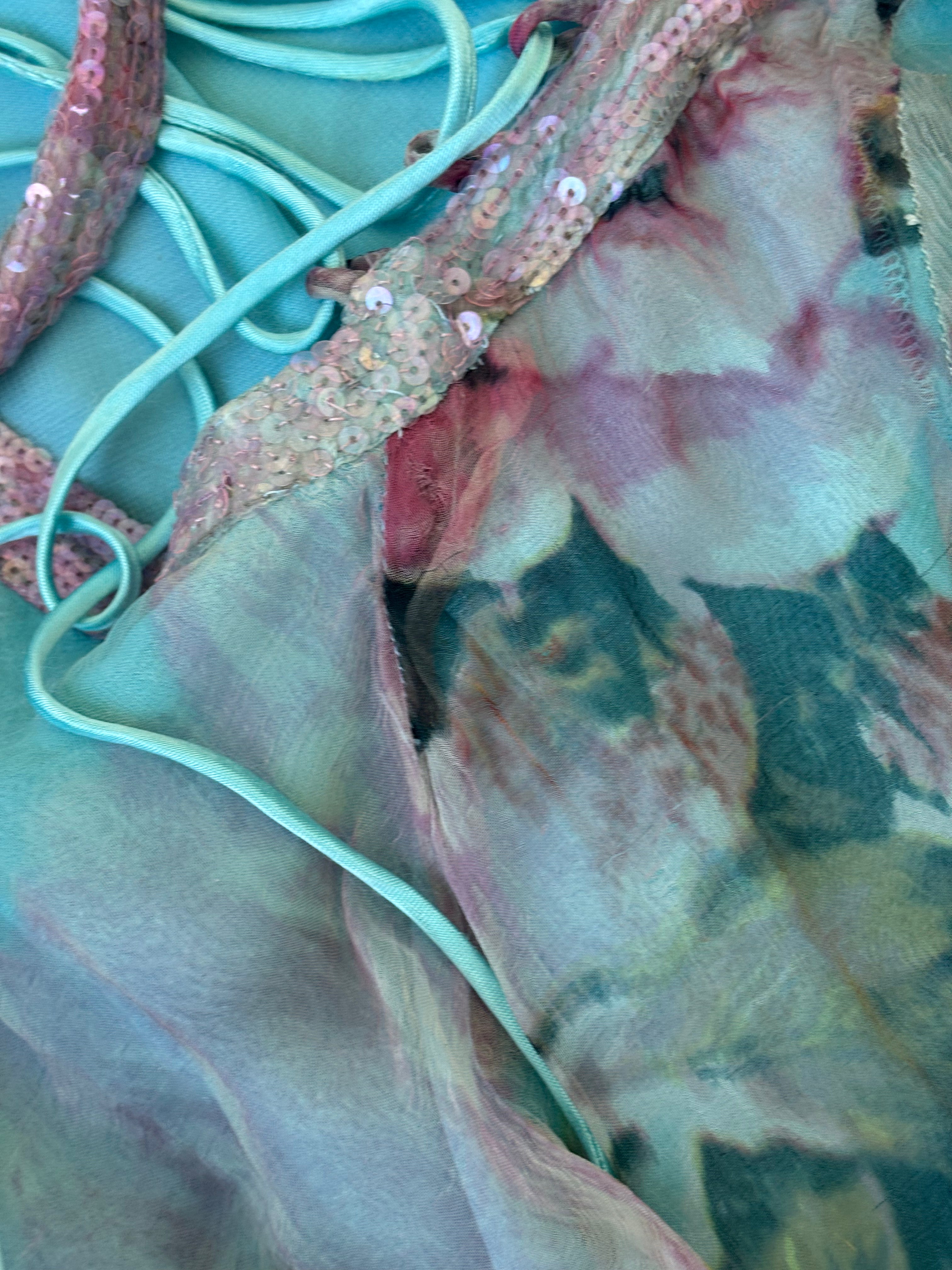Vintage René Derhy Teal Watercolour Floral slip dress with beaded straps and lace-up back tie