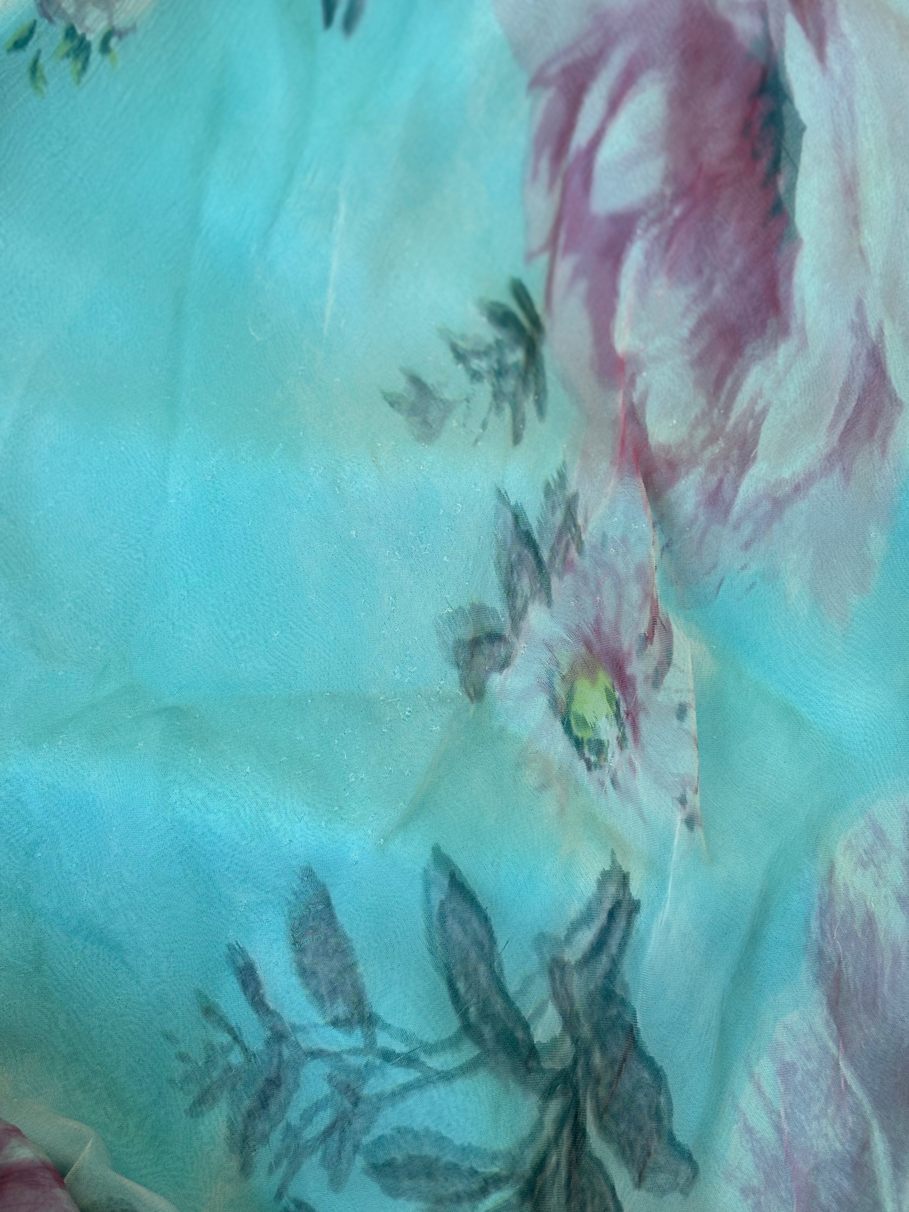 Vintage René Derhy Teal Watercolour Floral slip dress with beaded straps and lace-up back tie