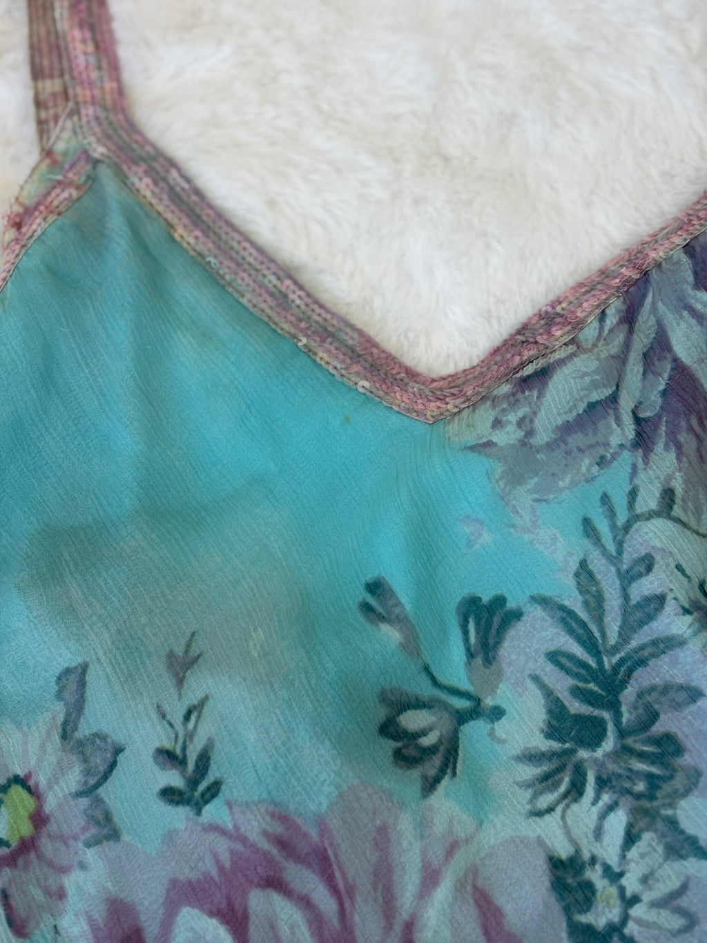 Vintage René Derhy Teal Watercolour Floral slip dress with beaded straps and lace-up back tie