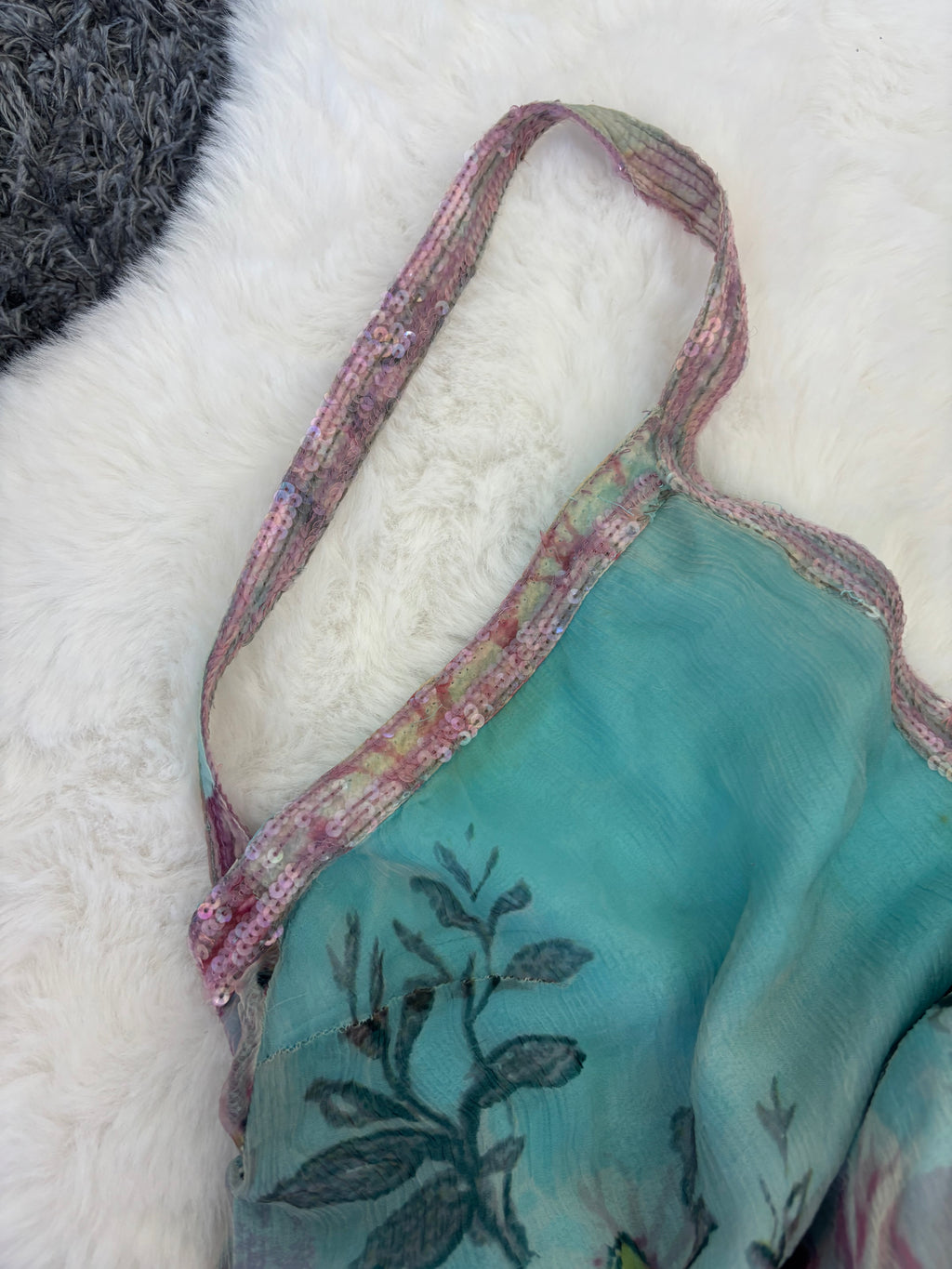 Vintage René Derhy Teal Watercolour Floral slip dress with beaded straps and lace-up back tie