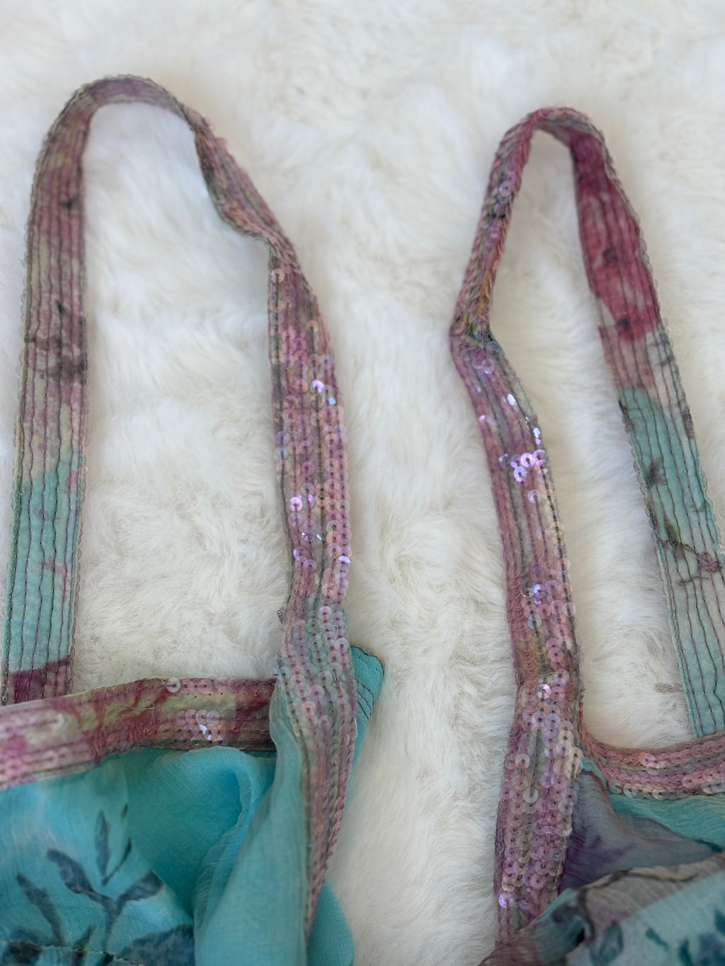 Vintage René Derhy Teal Watercolour Floral slip dress with beaded straps and lace-up back tie