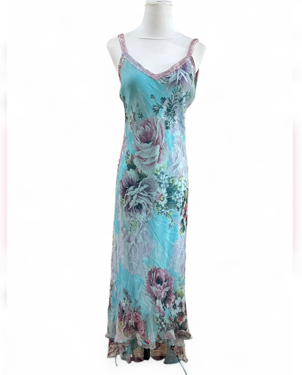 Vintage René Derhy Teal Watercolour Floral slip dress with beaded straps and lace-up back tie