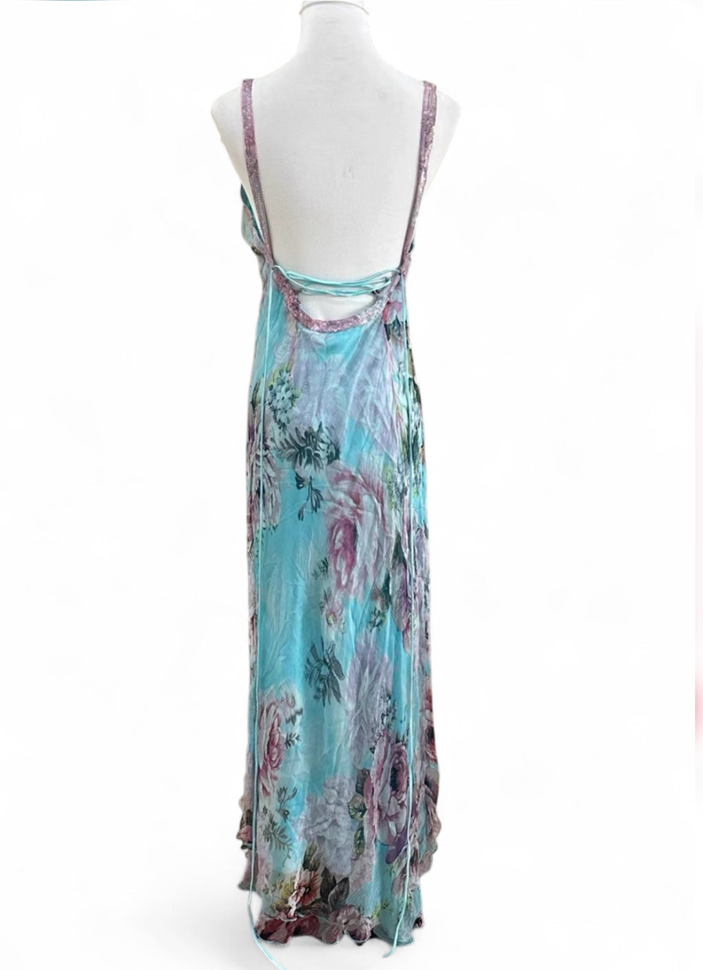 Vintage René Derhy Teal Watercolour Floral slip dress with beaded straps and lace-up back tie