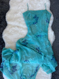 Vintage Silk Teal-blue Maxi Slip Dress with a dreamy purple floral print and delicate beadings