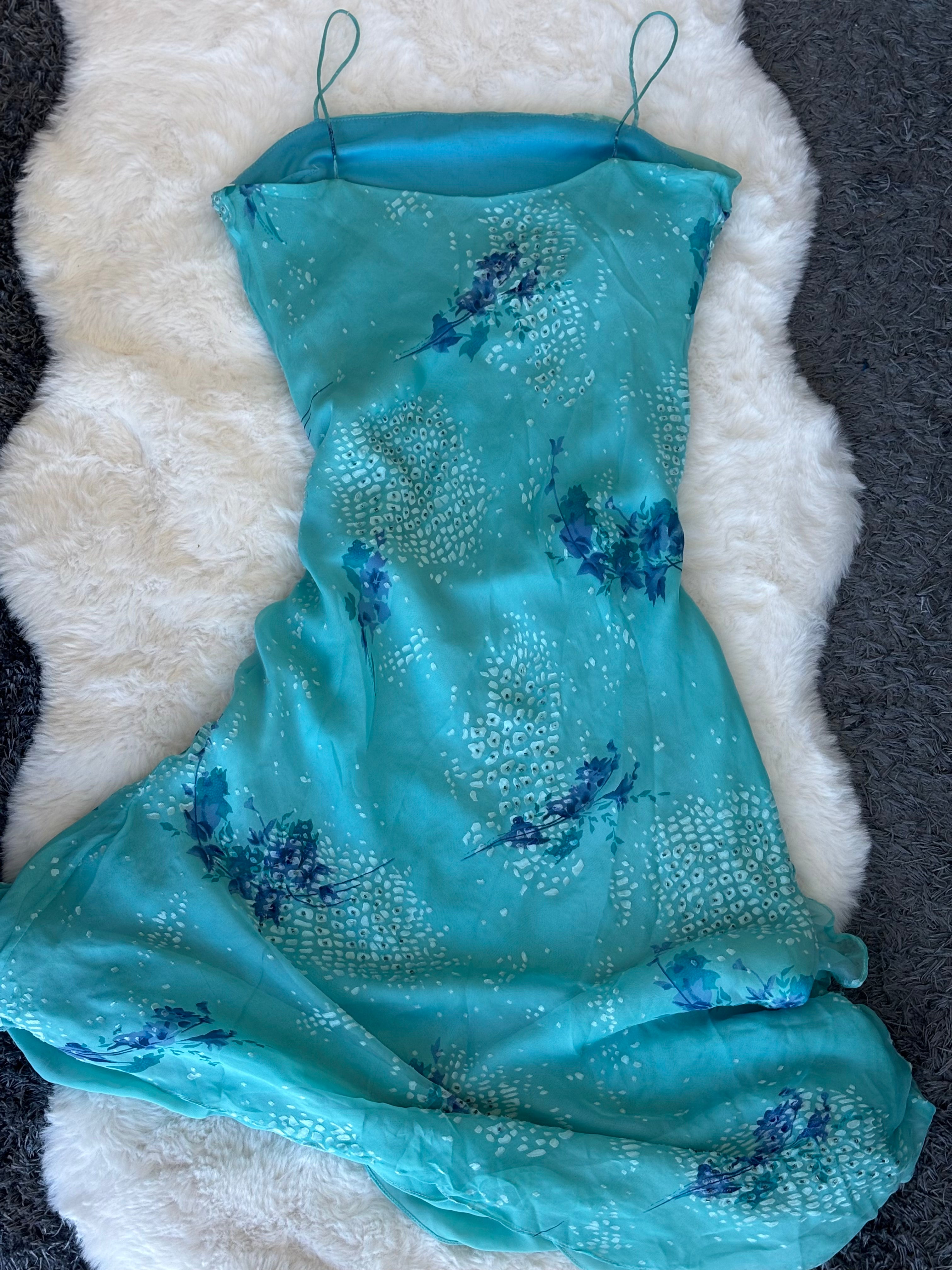 Vintage Silk Teal-blue Maxi Slip Dress with a dreamy purple floral print and delicate beadings