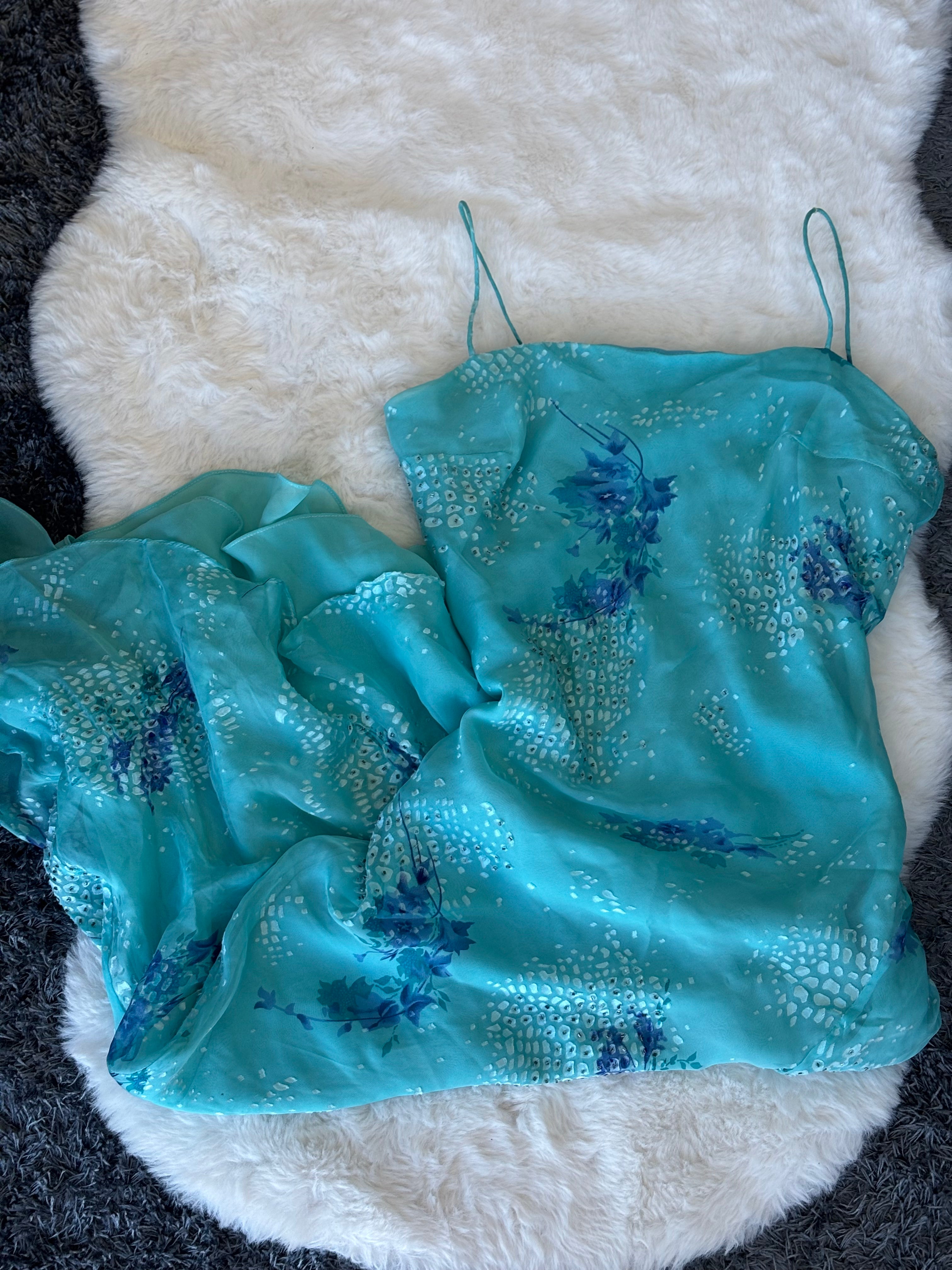 Vintage Silk Teal-blue Maxi Slip Dress with a dreamy purple floral print and delicate beadings